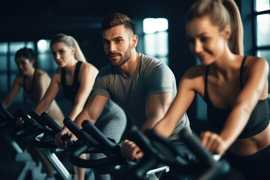 Handsome fit man in sportswear riding indoor bicycles on cycling class in the gym.