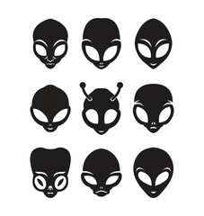Set of alien faces silhouettes. Collection of different cartoon space heads. Black stickers isolated on white. Vector clip art.  - 616990401