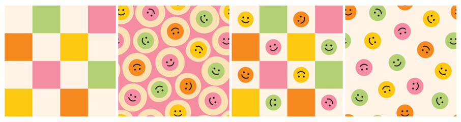 Smiles and check seamless patterns collection. Set of nostalgic vector designs with a modern twist. Vibrant retro prints for products to embrace happiness.  - 616990430