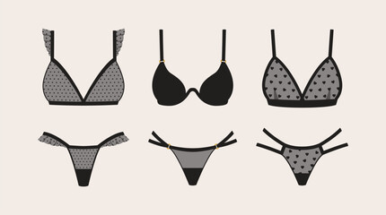 A collection of sexy lingerie for special occasions. Elegant feminine sheer bras and pants vector clip art.  - obrazy, fototapety, plakaty