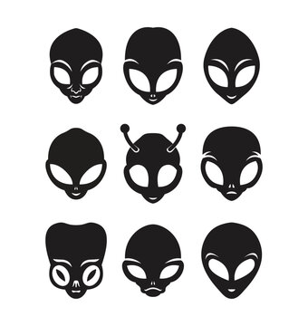 Set of alien faces silhouettes. Collection of different cartoon space heads. Black stickers isolated on white. Vector clip art. 