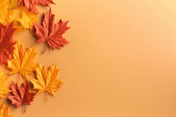 Naklejka na ściany i meble Autumn leaves on an orange background. Background with copy space. AI generative.