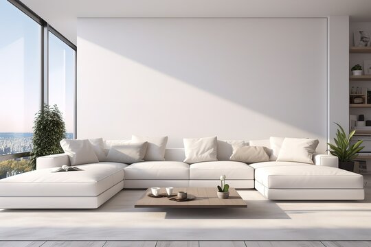 Fototapeta White minimalist living room interior with sofa on a wooden floor, decor on a large wall, white landscape in window. Home Nordic interior   Scandinavian interior poster mock up,Generative AI.