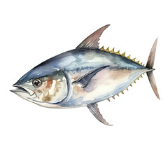 Fototapeta premium Saltwater Fish, Watercolor Fish, Shark, Marlin, Grouper, Snapper, Tuna, AI Generated