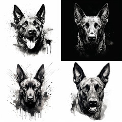 set of black and white dogs, a Belgian Malinois print - obrazy, fototapety, plakaty