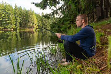 Shore fishermen summer activity fishing rod waiting to catch fish, fun day fresh water 