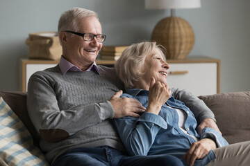 Cheerful elderly couple relaxing on couch in living room, laughing, enjoy conversation on carefree retired life. Lifelong happy marriage, harmonic relationships between mature spouses, eternal love