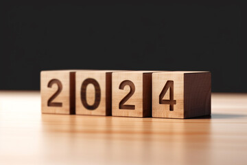 2024 New Year. Wooden block letters showing the numbers 2024, Goal plan, goal concept, action plan, strategy, new year business vision