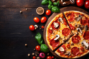 food background cheese food fast copy meal italian pizza space tomato black tasty. Generative AI.