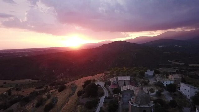 Spanish town filmed with a drone during sunset, Sierra de guara