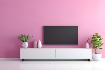 TV cabinet on the white wall in living room with armchair,minimal design.