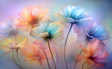 Obraz na płótnie Canvas Rainbow flowers in soft pastel, blurred faded smokin feeling of a dream. Generative AI.