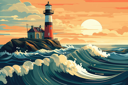 lighthouse in stormy sea big wave seascape illustration Generative AI
