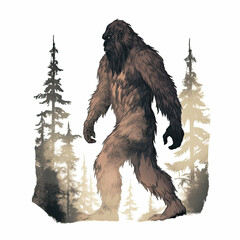 Fototapeta premium Bigfoot, sasquatch, yeti, yeren, yowie, watercolor, bigfoot silhouette, AI Generated