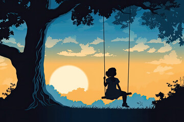 little girl child silhouette sit on swing under big tree illustration Generative AI
