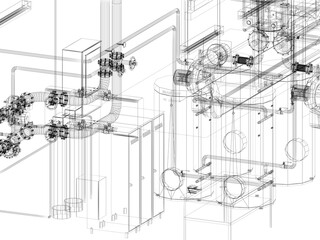 industrial equipment with piping in the factory. 3d rendering wire frame