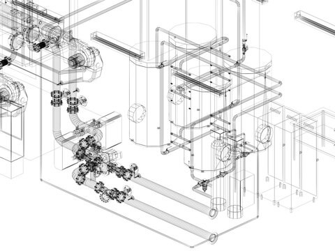 industrial equipment with piping in the factory. 3d rendeing wire frame