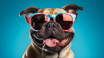 A dog wearing sunglasses in center, close up shot. Blue gradient background. Happy face. Front view.