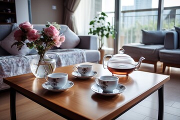 Fototapeta na wymiar Tea set in living room,Generative AI