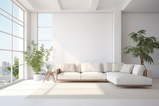 White minimalist living room interior with sofa on a wooden floor, decor on a large wall, white landscape in window. Home Nordic interior | Scandinavian interior poster mock up,Generative AI.