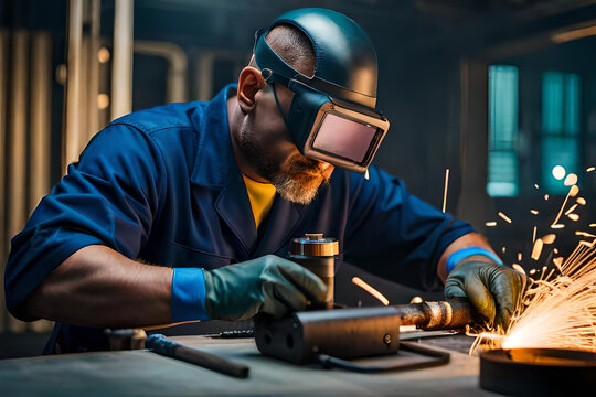 Male in face mask welds with argon arc welding. Welder mounts in the trunk pipeline electrochemical protection. illustration created by Generative AI