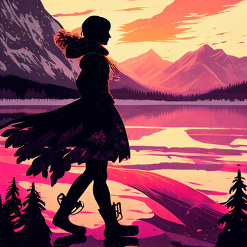 Silhouette of a young girl on the shore of a beautiful mountain landscape and lake, watercolor style. AI Generated