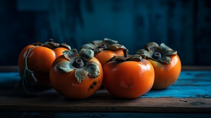 persimmons on a blue wooden table. Generative AI