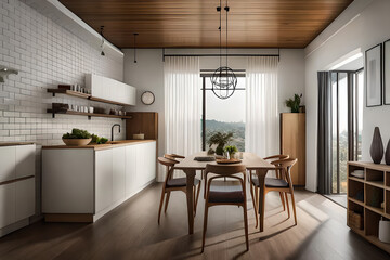 Fototapeta premium Luxury modern and vintage turquoise interior. Marble kitchen island with wooden chockers. Brown wooden table with metalic tray and metalic gold vase with white decorations.