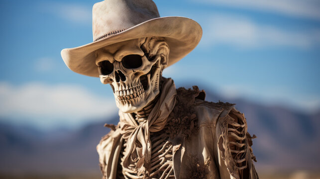 Skeleton cowboy with hat and desert backdrop