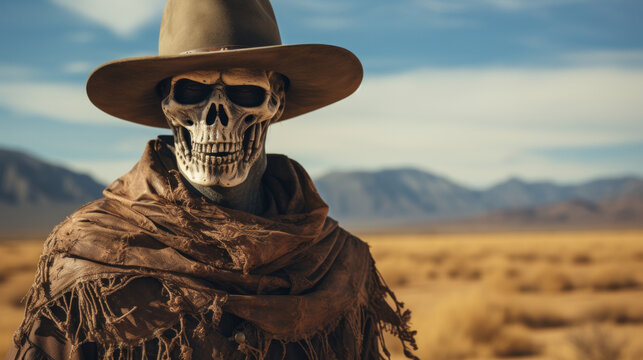 Skeleton cowboy with hat and desert background