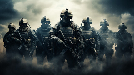 Navy seal marines in smog . Generative AI image.