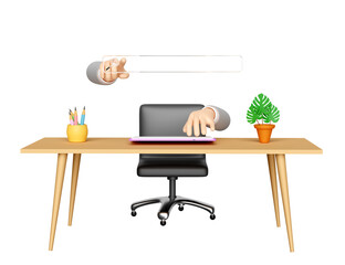 Fototapeta premium 3d search bar with businessman hand pointing finger, magnifying glass, office room isolated. web search engine, web browsing concept, 3d render illustration