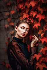 Generative AI illustration of Beautiful young caucasian woman with background of red leaves in autumn colors dressed in the latest fashion