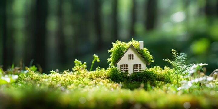 Eco friendly house. White home on moss in garden. Real estate investment and housing architecture and nature background.