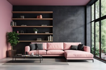Interior with pink sofa and ladder shelf in modern living room and black mock-up wall,Generative AI