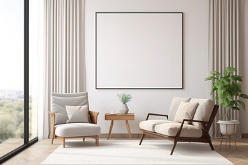 Mockup canvas frame on the wall. Scandinavian living room with a big template of a painting picture on the wall . Simple design with natural materials and neutral colors. 3d rendering,Generative AI