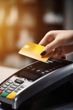 Generative AI illustration of hand holding gold credit card checking it next to dataphone