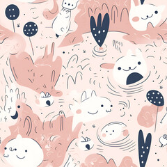 Playful Cartoon Bunnies and Animals in Soft Pastel Colors