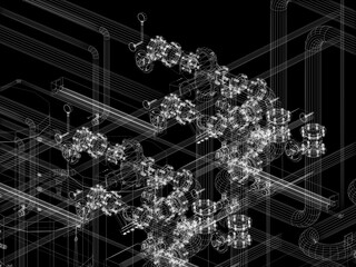 industrial equipment with piping in the factory. 3d rendering wire frame