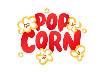 POPCORN logo. Popcorn text with pop corn snack icon. Vector illustration popcorn sign. Red color. Graphic design for pop corn pack. Fast food Exploding label for bucket. Colorful Logo badge