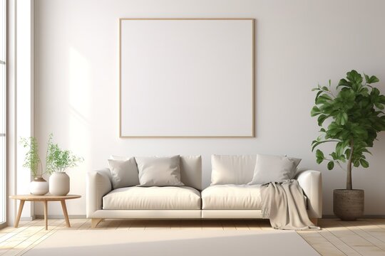 Blank wooden picture frame mock-up on wall in modern interior | Horizontal artwork template mock up for artwork | Stylish white modern living room interior | Wall mock up in living room,Generative AI