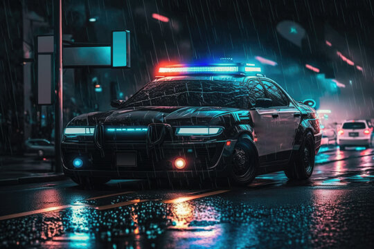 Police lights by night making in cyperpunk retrowave style. High quality photo