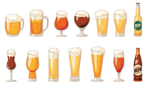 A set of glasses and bottles with beer. Dark and light beer in glasses of different shapes. Festival of light alcoholic beverages. Vector illustration