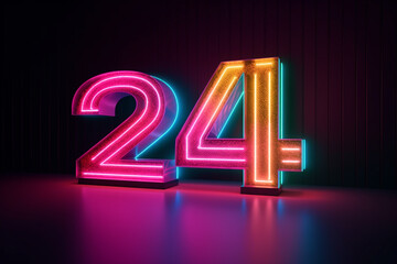 New year 2024 glowing neon sign with 24 numbers created with generative ai