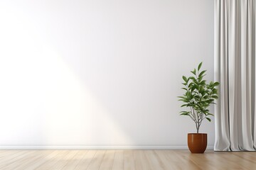 Fototapeta na wymiar Plant against a white wall mockup. White wall mockup with brown curtain, plant and wood floor. 3D illustration,Generative AI
