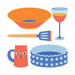 A set of kitchen utensils, a mug, a plate, a bowl, a baking dish, spatula.