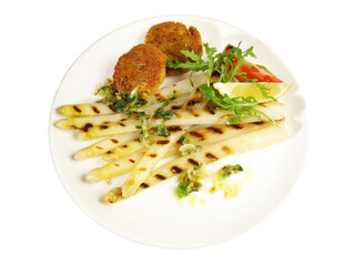 Vegetarian grilled white asparagus with falafel and salad - Transparent PNG Background