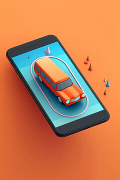 Generative AI illustration of Create a 3D cartoon - style image of a mobile transport application on smartphone