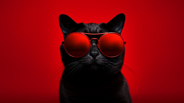 A black cat wearing sunglasses in center, red gradient background. Front view. Close up shot.