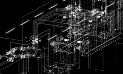 industrial equipment with piping in the factory. 3d rendering wire frame